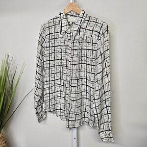 Greylin‎ Silk Shirt Top Blouse Black White Grid Print Long Sleeve Womens Medium